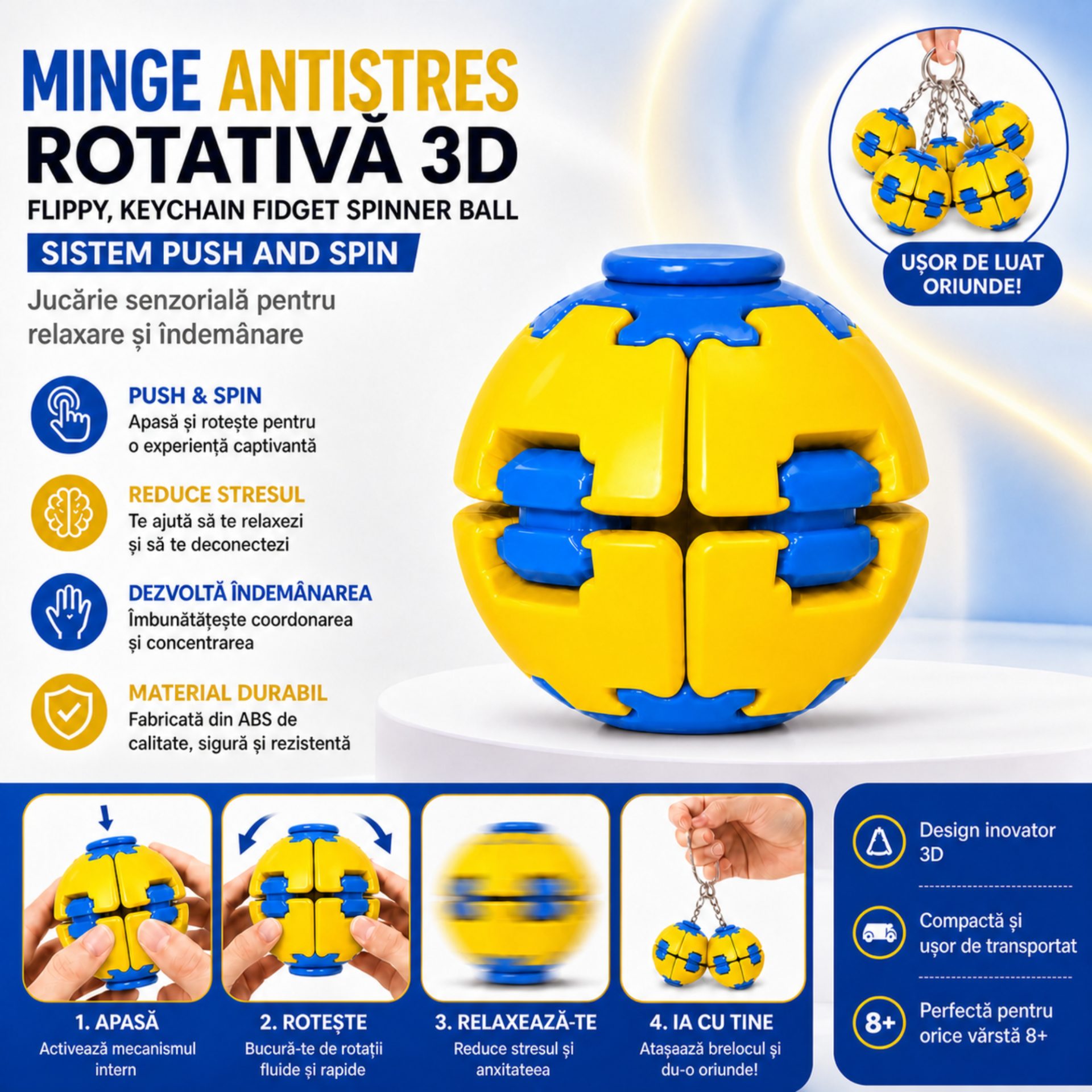 Minge Senzorială Antistres Rotativă 3D, , Tip Fidget Spinner, cu Breloc și Sistem Push and Spin, 4.5x5 cm, Galben și Albastru 4