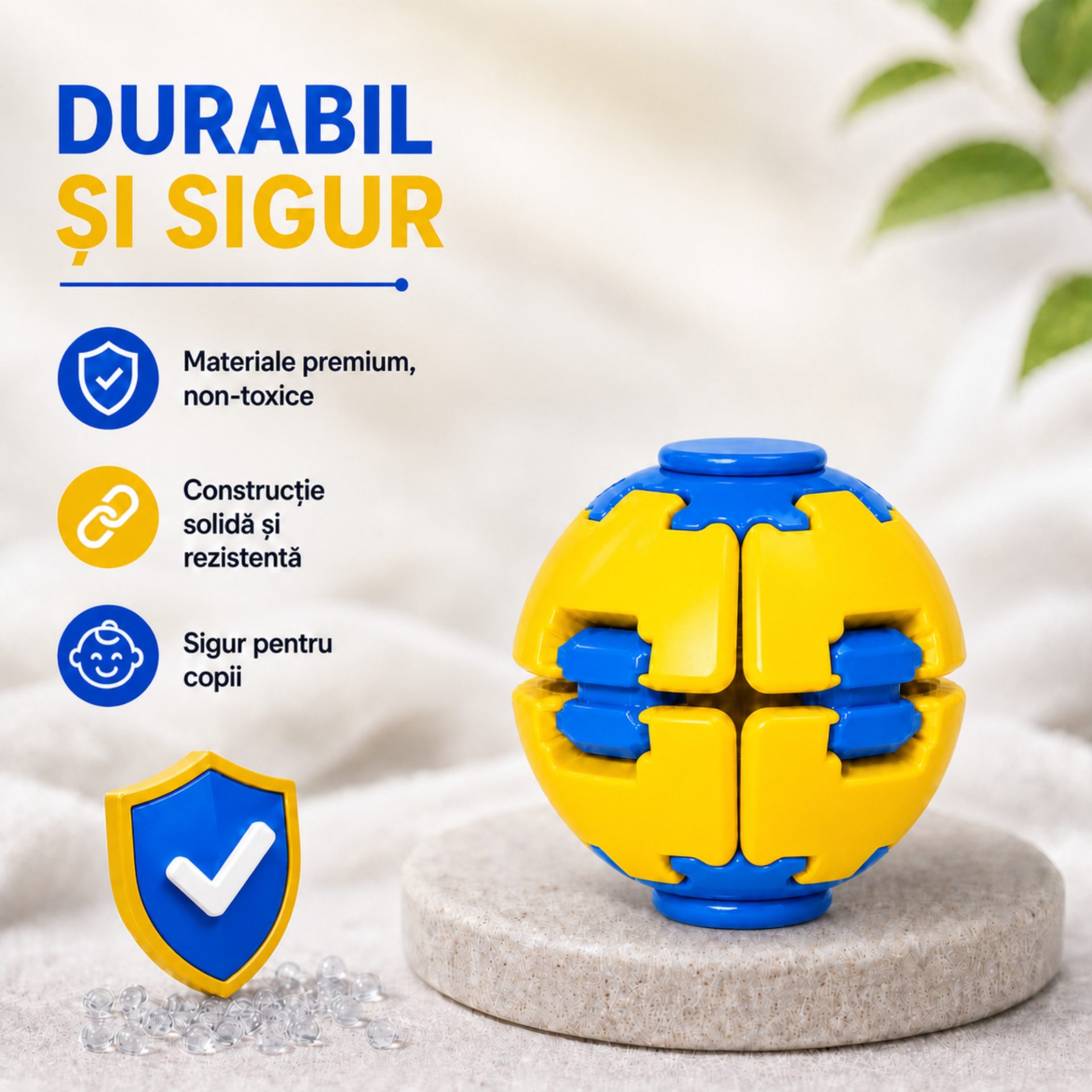 Minge Senzorială Antistres Rotativă 3D, , Tip Fidget Spinner, cu Breloc și Sistem Push and Spin, 4.5x5 cm, Galben și Albastru 2