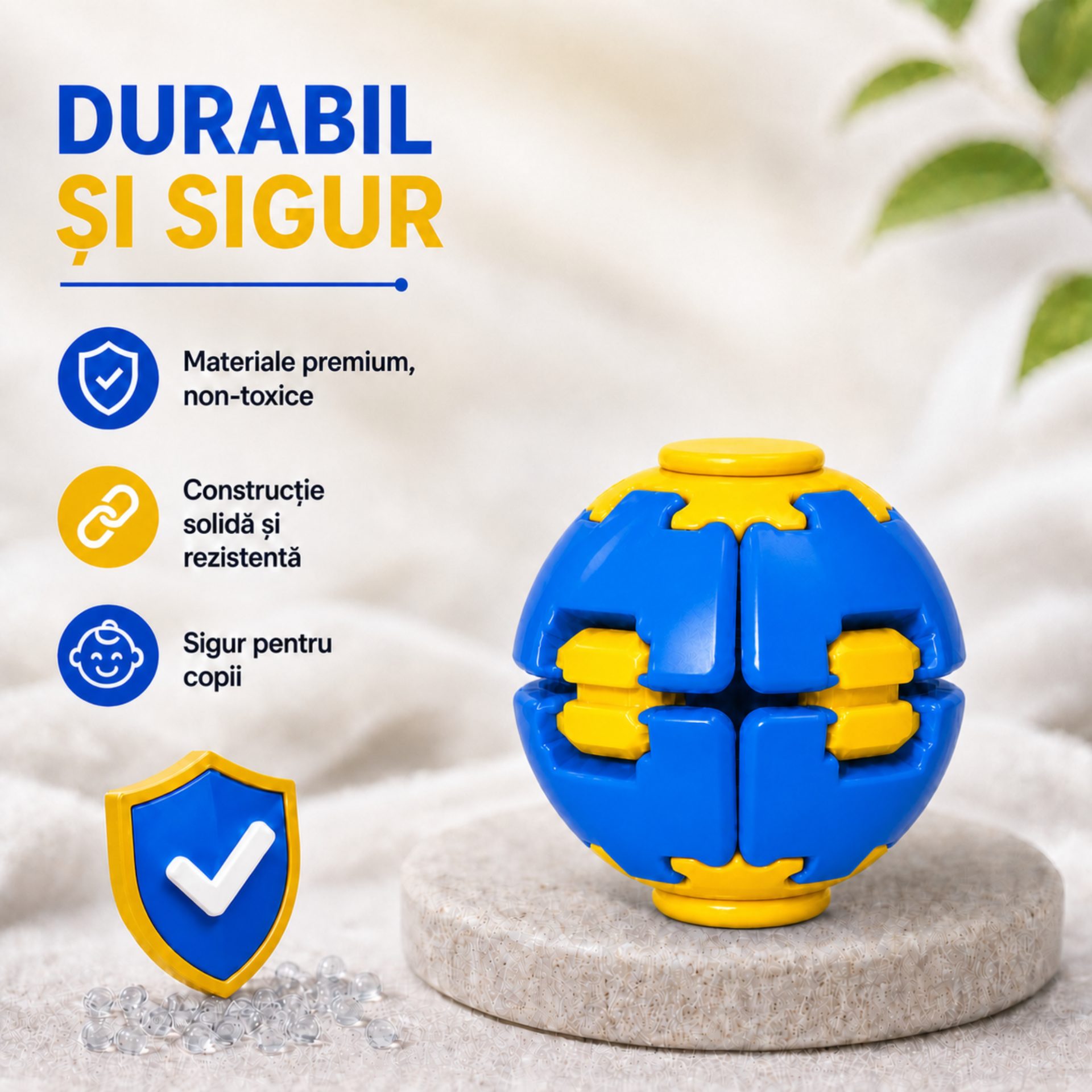 Denumire recomandată: Minge Senzorială Antistres Rotativă 3D, , Tip Fidget Spinner, cu Breloc și Sistem Push and Spin, 4.5x5 cm, Albastru și Galben 3