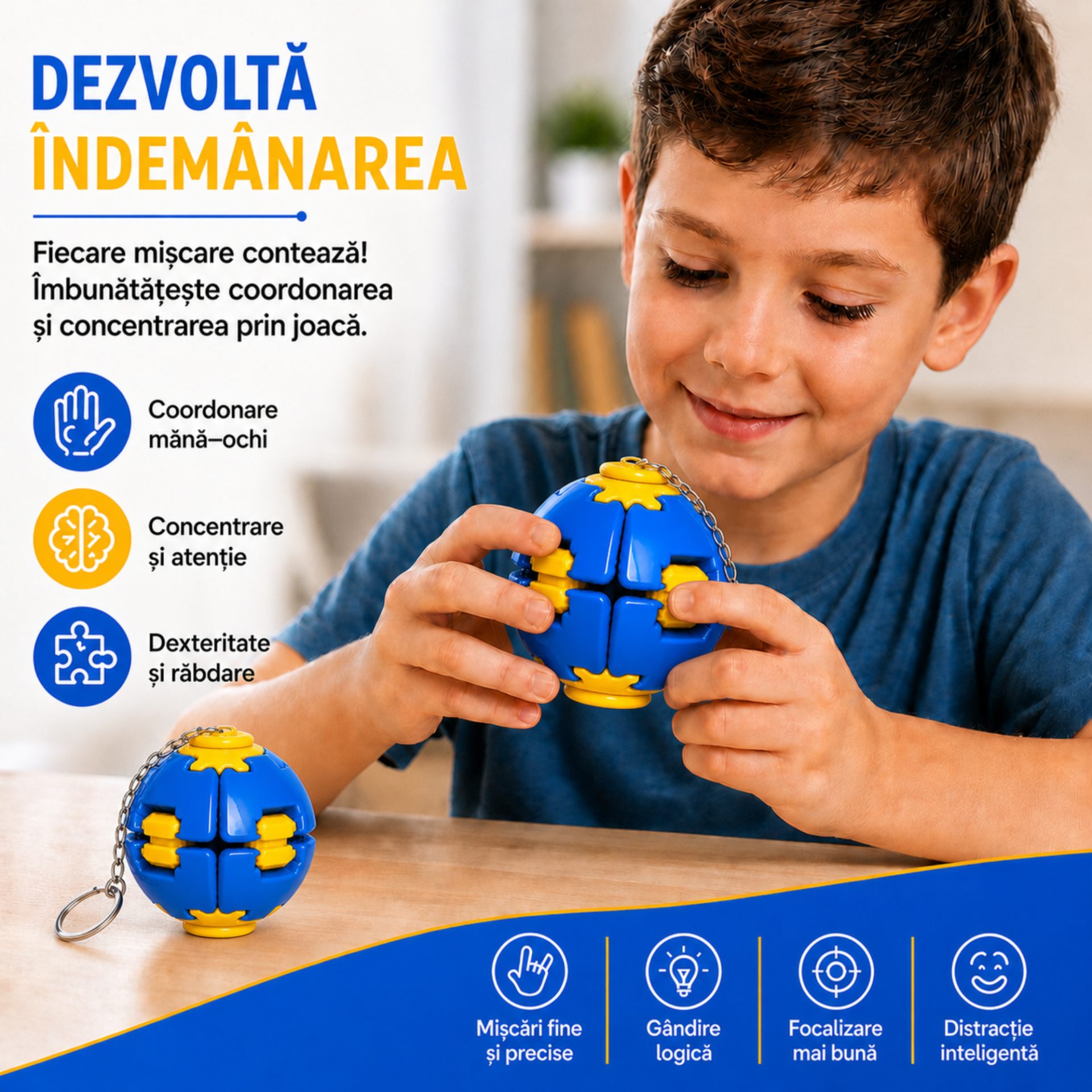 Denumire recomandată: Minge Senzorială Antistres Rotativă 3D, , Tip Fidget Spinner, cu Breloc și Sistem Push and Spin, 4.5x5 cm, Albastru și Galben 2