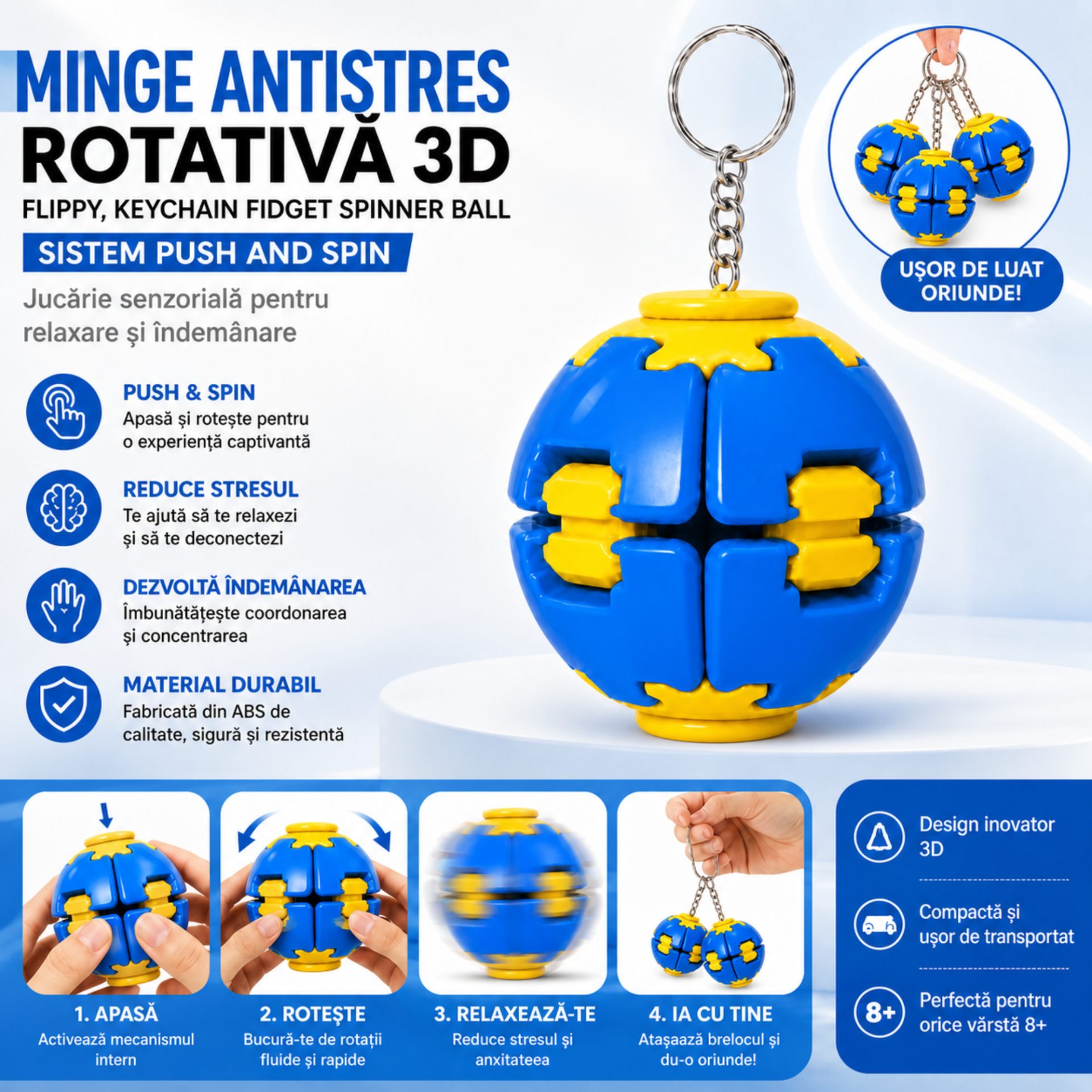 Denumire recomandată: Minge Senzorială Antistres Rotativă 3D, , Tip Fidget Spinner, cu Breloc și Sistem Push and Spin, 4.5x5 cm, Albastru și Galben 4