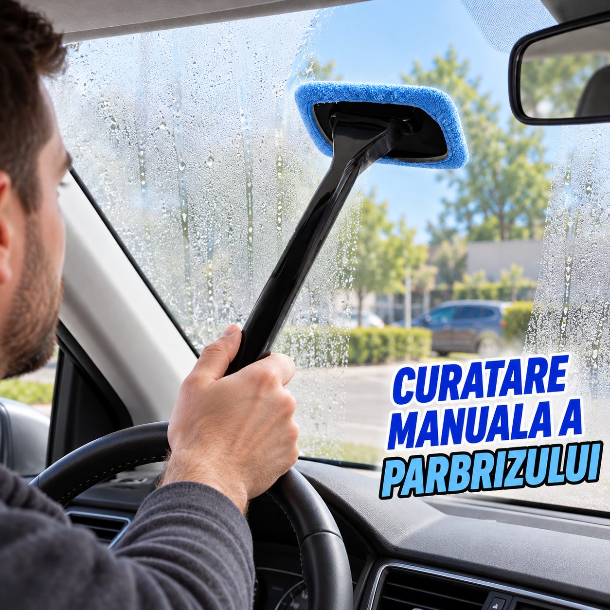 Dispozitiv Manual pentru Curatarea si Dezaburirea Parbrizului, Flippy, cu Laveta din Microfibra si Maner Lung, Negru si Albastru