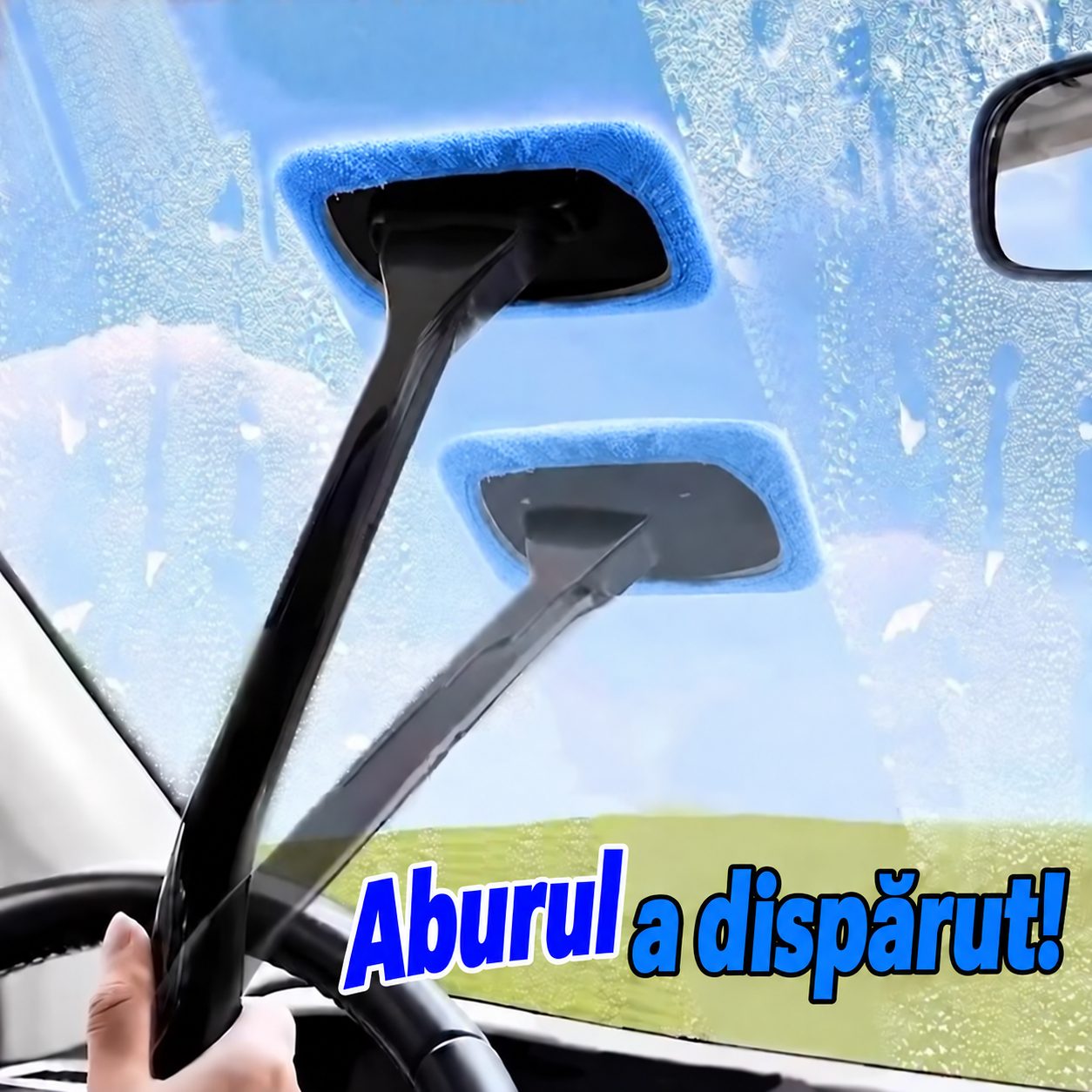 Dispozitiv Manual pentru Curatarea si Dezaburirea Parbrizului, Flippy, cu Laveta din Microfibra si Maner Lung, Negru si Albastru