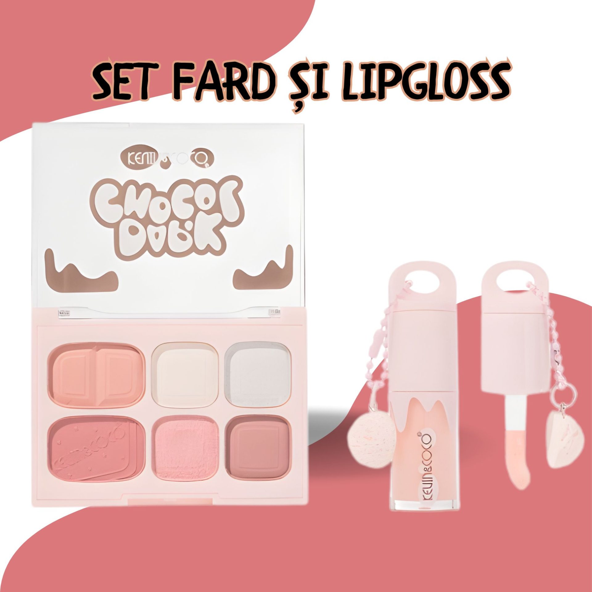 Set Machiaj, Kevin&Coco, Paleta Farduri de Ochi si Lip Gloss, 6 Nuante, Finisaj Mat, Shimmer, Textura Fina, Pigmentare Intensa, 10.4 g, 14.7 x 10.5 x 3.5 cm, Roz 2