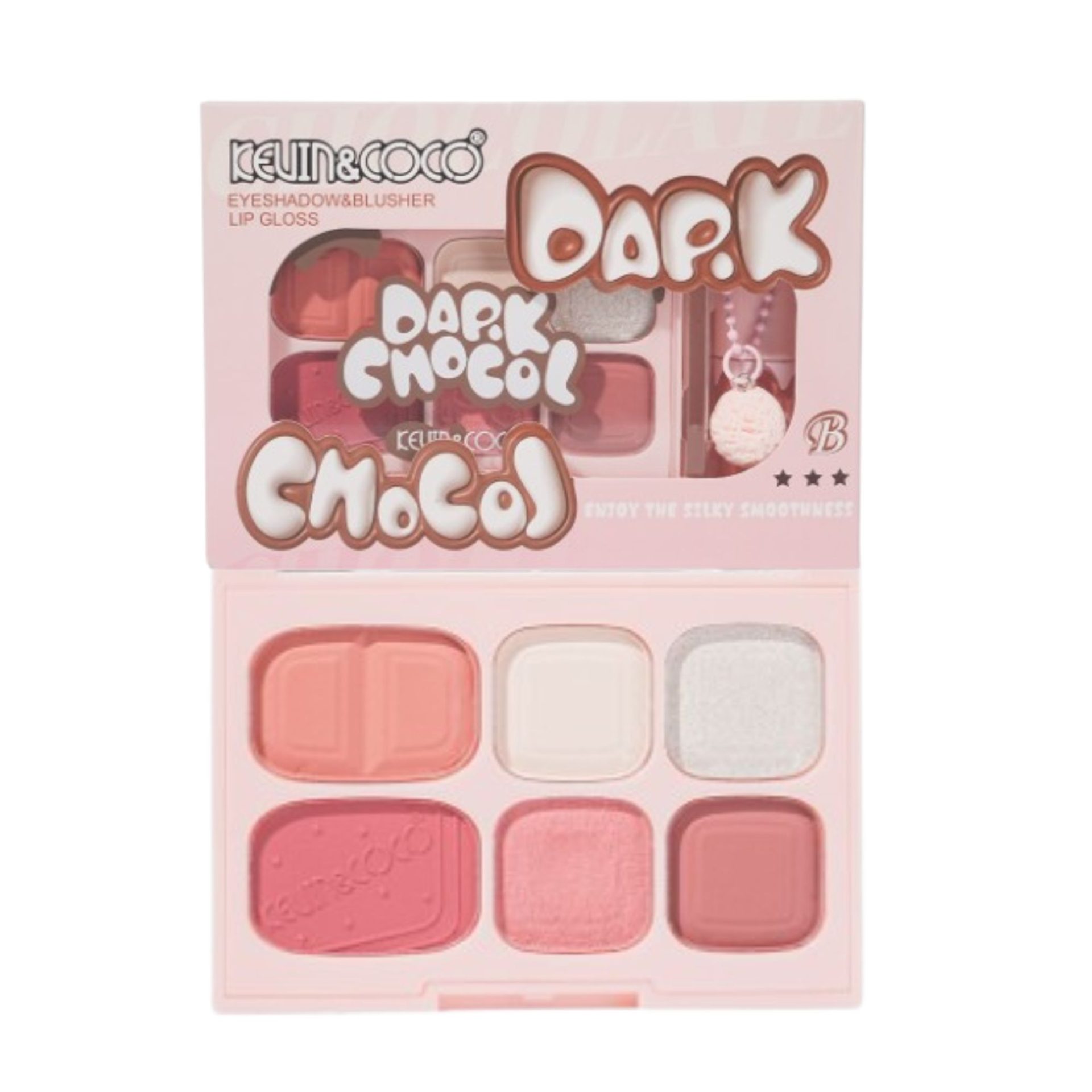 Set Machiaj, Kevin&Coco, Paleta Farduri de Ochi si Lip Gloss, 6 Nuante, Finisaj Mat, Shimmer, Textura Fina, Pigmentare Intensa, 10.4 g, 14.7 x 10.5 x 3.5 cm, Roz 4