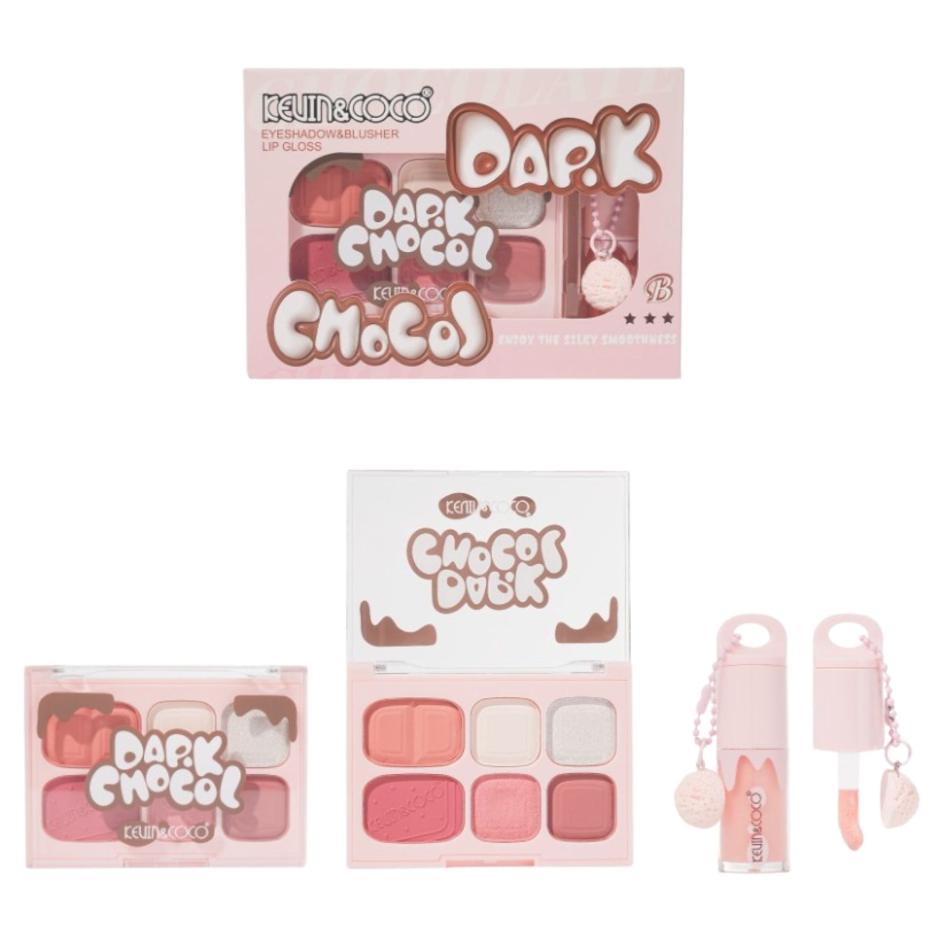Set Machiaj, Kevin&Coco, Paleta Farduri de Ochi si Lip Gloss, 6 Nuante, Finisaj Mat, Shimmer, Textura Fina, Pigmentare Intensa, 10.4 g, 14.7 x 10.5 x 3.5 cm, Roz 3