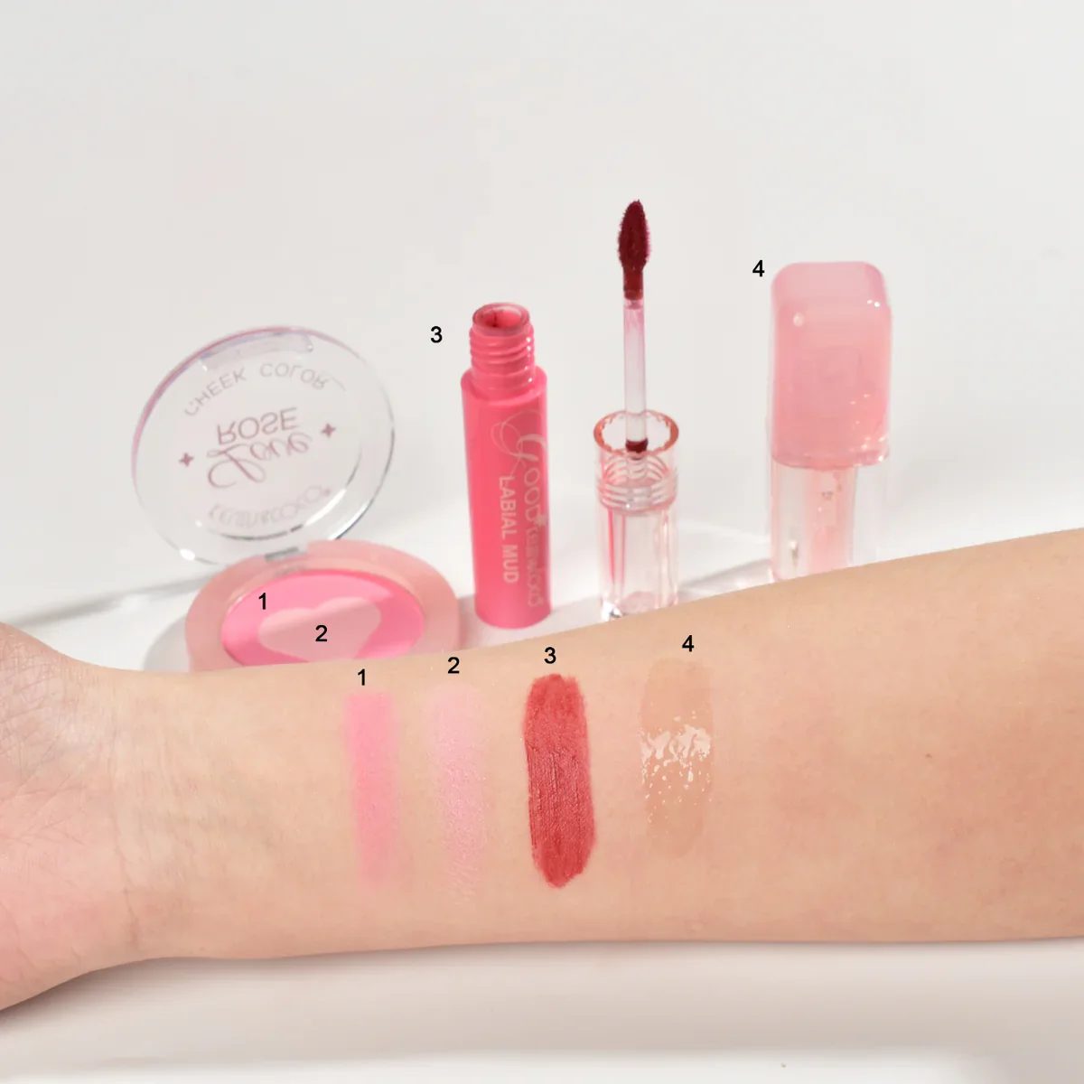 Set Makeup pentru Fata si Buze cu Gloss, Fard de Obraz, Tint Roz si Geanta Transparenta, Kevin&Coco, Roz 2
