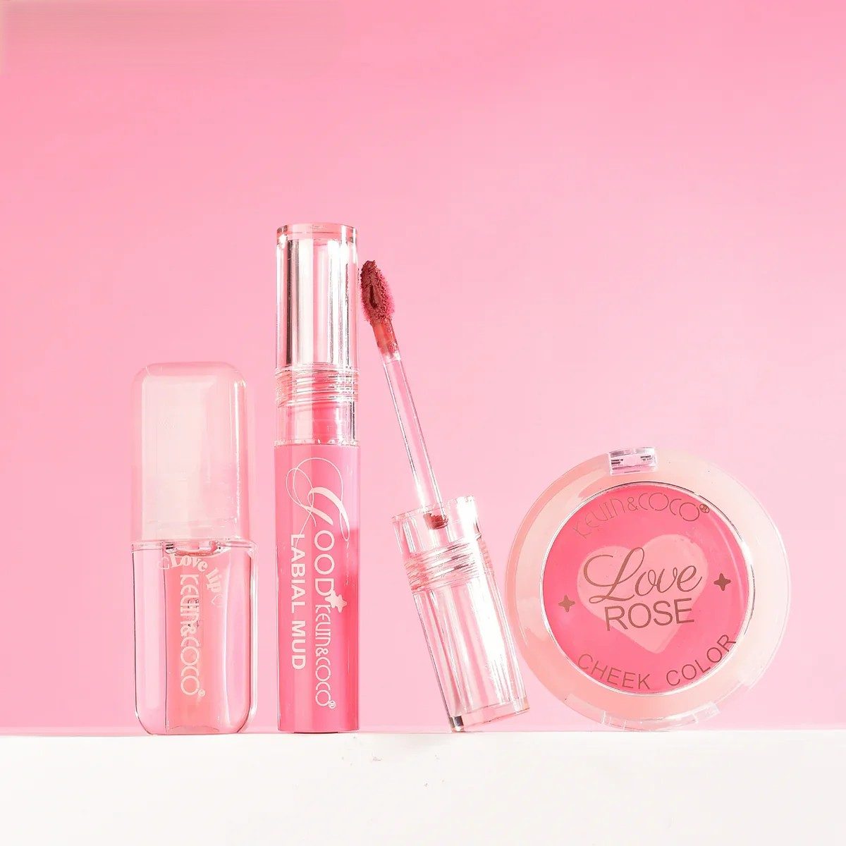 Set Makeup pentru Fata si Buze cu Gloss, Fard de Obraz, Tint Roz si Geanta Transparenta, Kevin&Coco, Roz 3