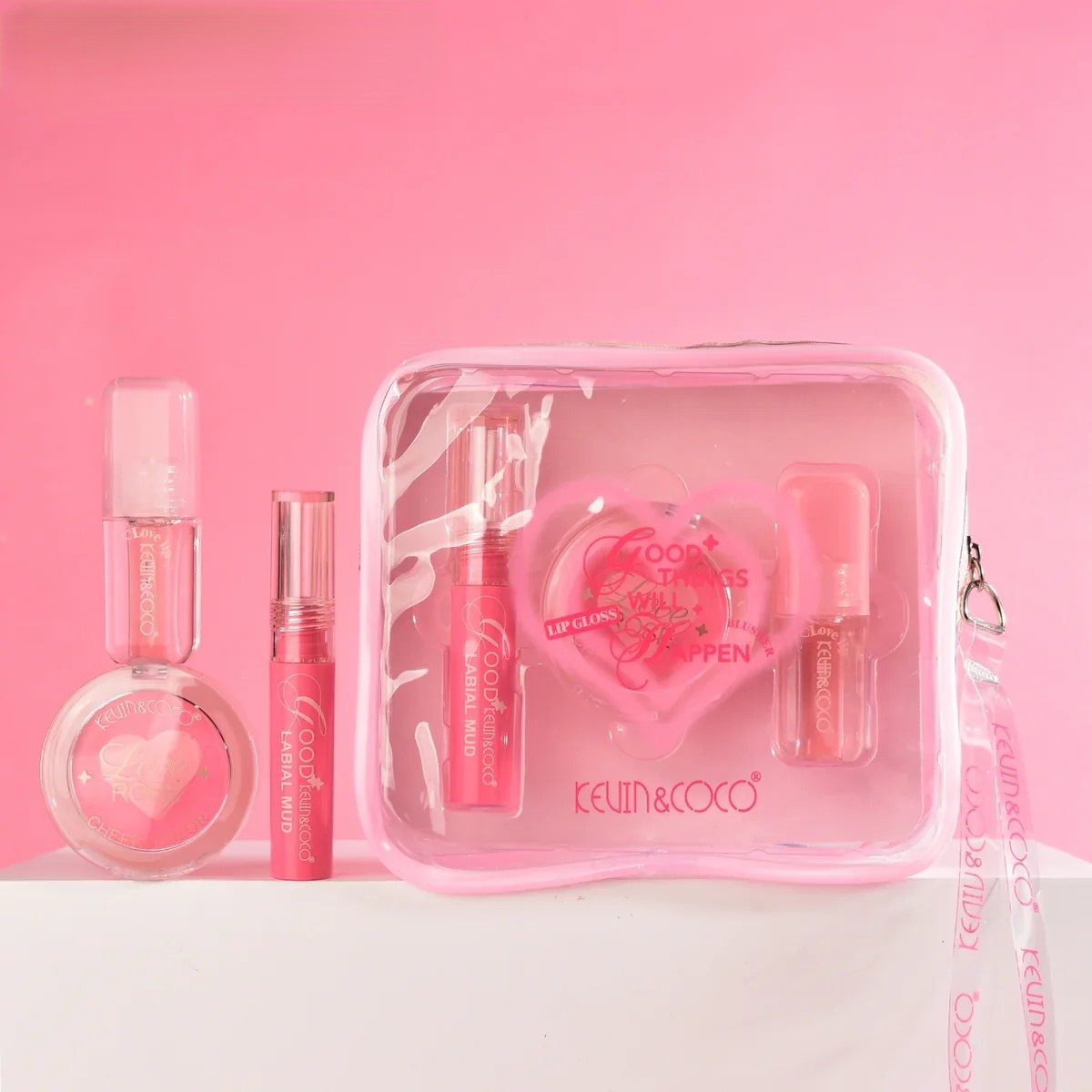 Set Makeup pentru Fata si Buze cu Gloss, Fard de Obraz, Tint Roz si Geanta Transparenta, Kevin&Coco, Roz 4
